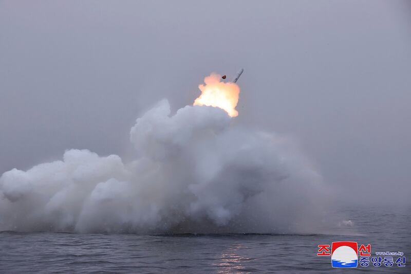 A test firing of Pulhwasal-3-31 in North Korea, the nation has an estimated 70 to 90 diesel-powered submarines (Korean Central News Agency/Korea News Service via AP)