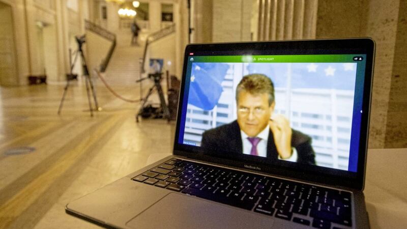                The EU&#39;s chief Brexit negotiator and Commission Vice President Maros Sefcovic speaking from Brussels during an online meeting with the Executive Office Committee. Picture by Liam McBurney/PA Wire              