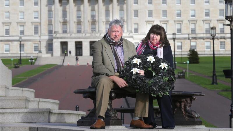 Dympna and Oliver McVeigh, sister and brother of Disappeared Columba McVeigh at Stormont &nbsp;where the families of Northern Ireland's disappeared held their 10th annual All Souls' Day Silent Walk PICTURE: Hugh Russell