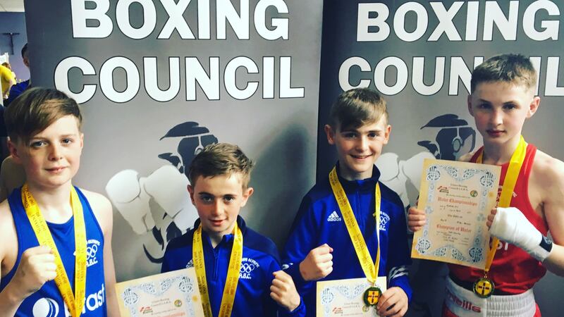 <span style="font-family: &quot;Times Roman&quot;, serif; ">Maydown Olympic club in Derry enjoyed a four-midable weekend after landing four Ulster at the Rochester&rsquo;s club in Derry. Pictured, from left, are &Ograve;ran Carton (Boy 2 43kg), brothers Cahal (Boy 1 29kg) and Ben Cooke (Boy 2 38.5kg) and Cahir Gormley (Boy 3 43kg). Gormley was celebrating his third consecutive </span><st1:country-region w:st="on" style="font-family: &quot;Times Roman&quot;, serif; "><st1:place w:st="on">Ulster</st1:place></st1:country-region><span style="font-family: &quot;Times Roman&quot;, serif; "> title, and all four will now have their sights set on adding Irish titles next week</span>