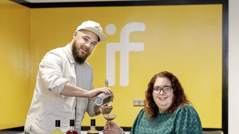 Anthony Farrell of the Cocktail Keg Company company with Shauna Topping, assistant manager at the Innovation Factory. 