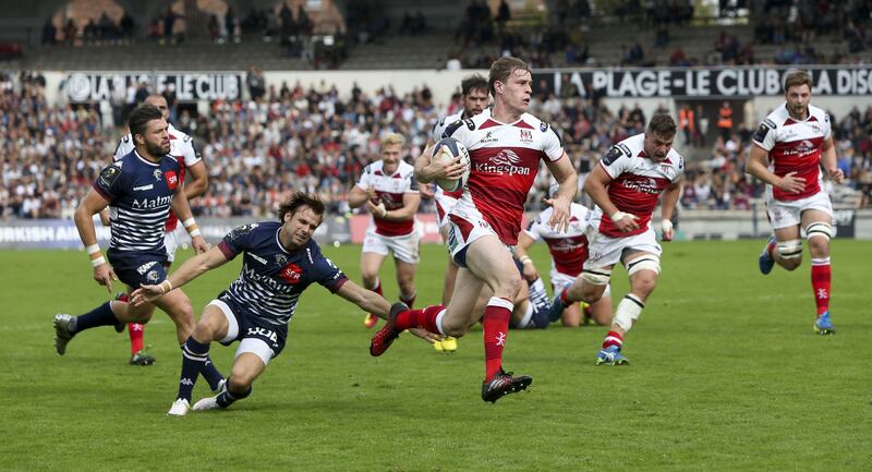 Andrew Trimble races clear to score during the opening round of the European Rugby Champions Cup clash between Union Bordeaux Begles and Ulster Rugby at Stade Chaban Delmas, Bordeaux, France on Sunday October 14 2016. &nbsp;Photo by John Dickson/DICKSONDIGITAL.