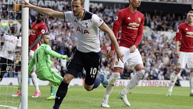 KANE IS ABLE: Harry Kane wheels away to celebrate after scoring Tottenham&rsquo;s second goal in the 2-1 win over Manchester United at White Hart Lane yesterday 						             Picture: PA 