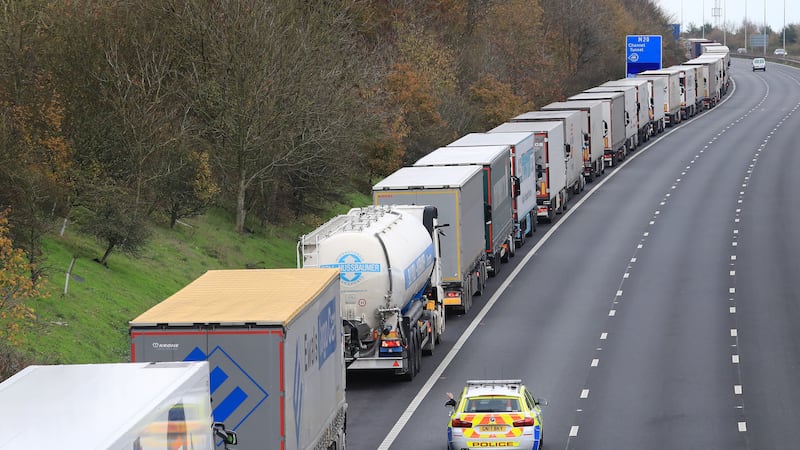 &nbsp;Freight lorries queueing along the M20 in Kent waiting to access the Eurotunnel terminal in Folkestone.