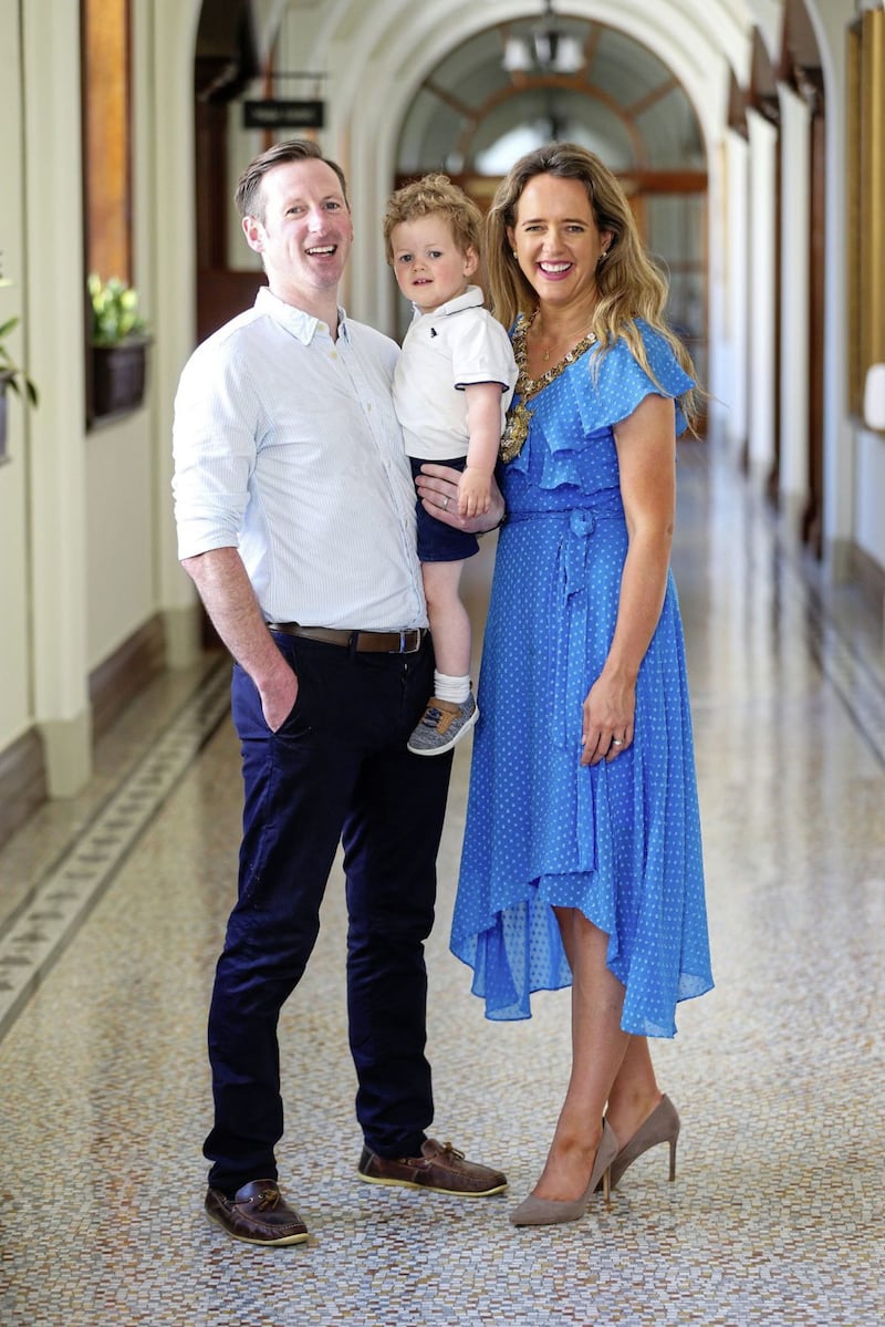 Belfast Lord Mayor Kate Nicholl with her husband Fergal Sherry and son Cian. Picture by Mal McCann. 