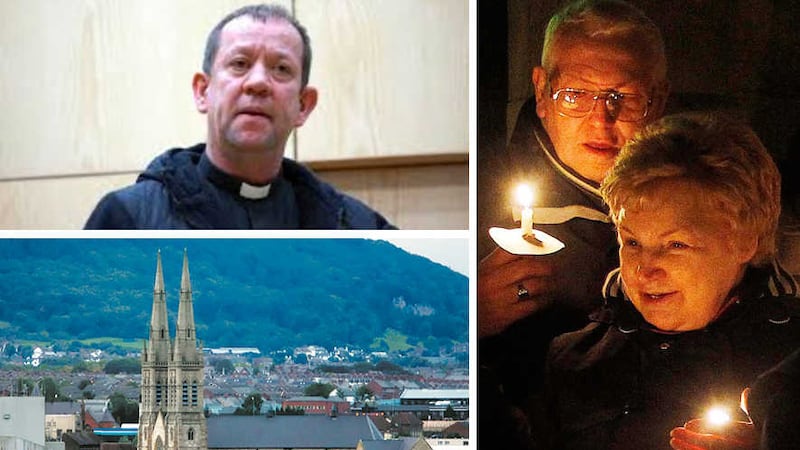 Clockwise from top left: Fr Ciaran Dallat pictured before he took a break from the parish; a candlelit vigil held last year in support of Fr Dallat; St Peter's Cathedral in west Belfast