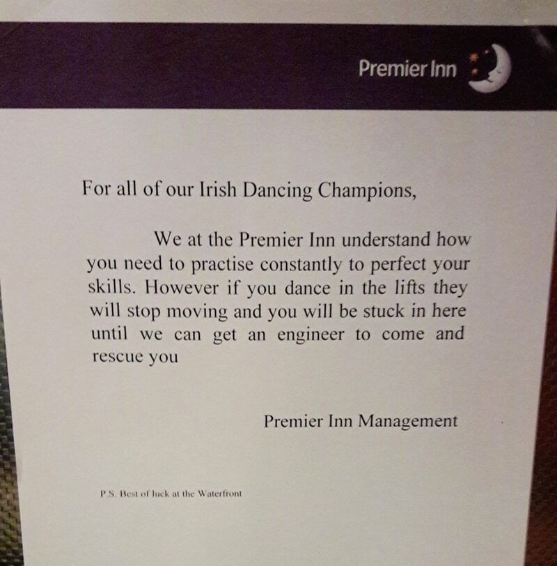 The sign was put up in the Premier Inn in the Cathedral Quarter as the World Irish Dance Championships got underway in Belfast. Picture from Lianne Reddy/Twitter 