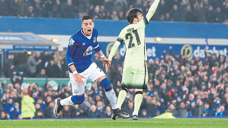 Everton&rsquo;s Ramiro Funes Mori celebrates scoring against Manchester City in Wednesday night&rsquo;s Capital One Cup&nbsp;semi-final, first leg
