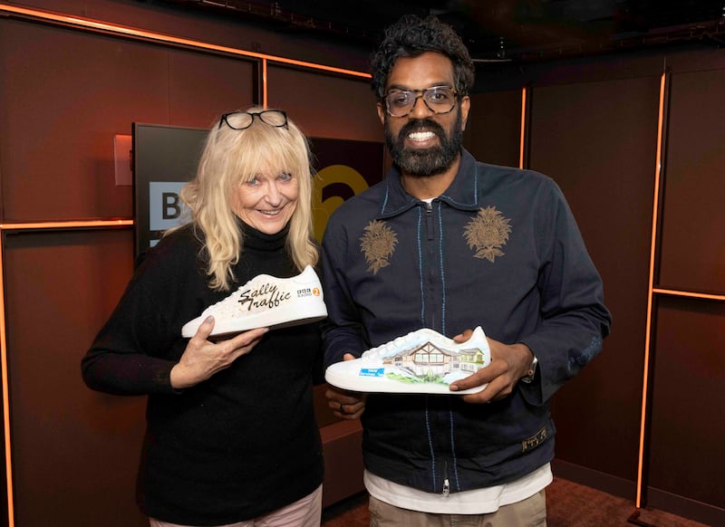 SallyTraffic with trainers Romesh Ranganathan had custom made for her on his morning show on BBC Radio2