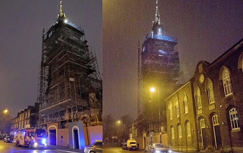 Firefighters and police attend a blaze at St Patrick&#39;s Church on Donegall Street, Belfast. Pictures by Jonathan Campbell 