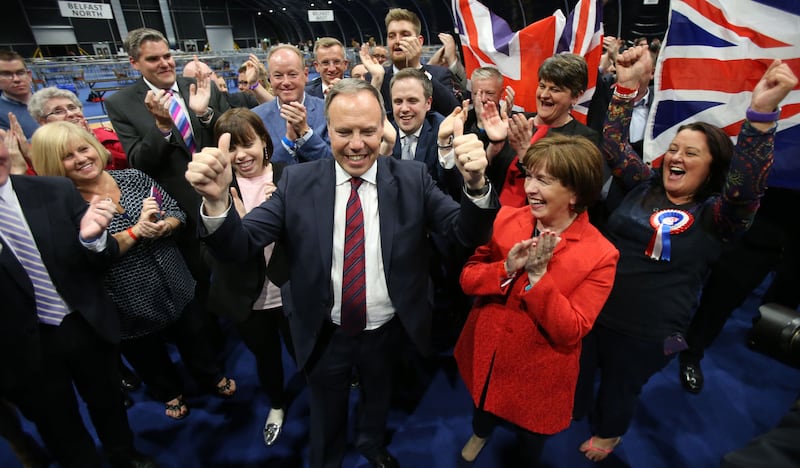 DUP deputy leader Nigel Dodds is elected to the North Belfast constituency at the Titanic exhibition centre in Belfast. Picture from Niall Carson/PA Wire&nbsp;