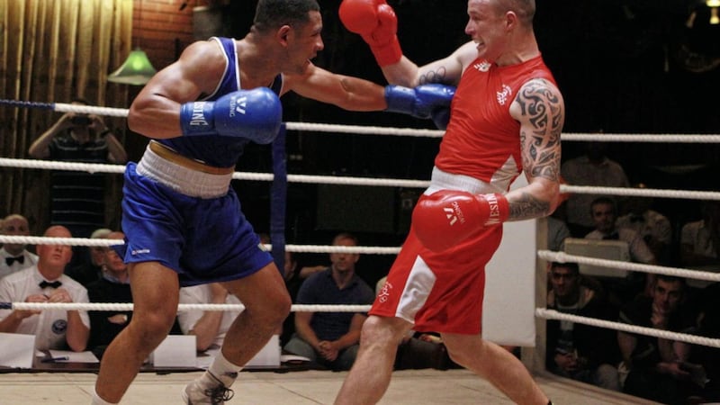Steven Donnelly saw off Caoimhin Hynes in last Friday night&#39;s middleweight semi-final at the Dockers Club. Picture Matt Bohill 