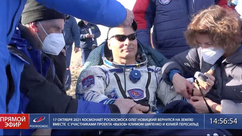 Mark Vande Hei landed in a Soyuz capsule in Kazakhstan alongside two Russian cosmonauts.