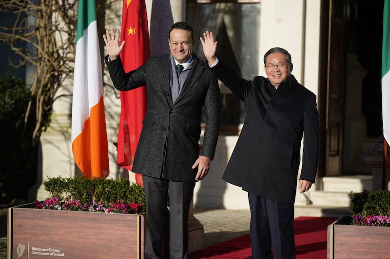 Taoiseach Leo Varadkar welcomed Chinese premier Li Qiang to Farmleigh House in Dublin on Wednesday