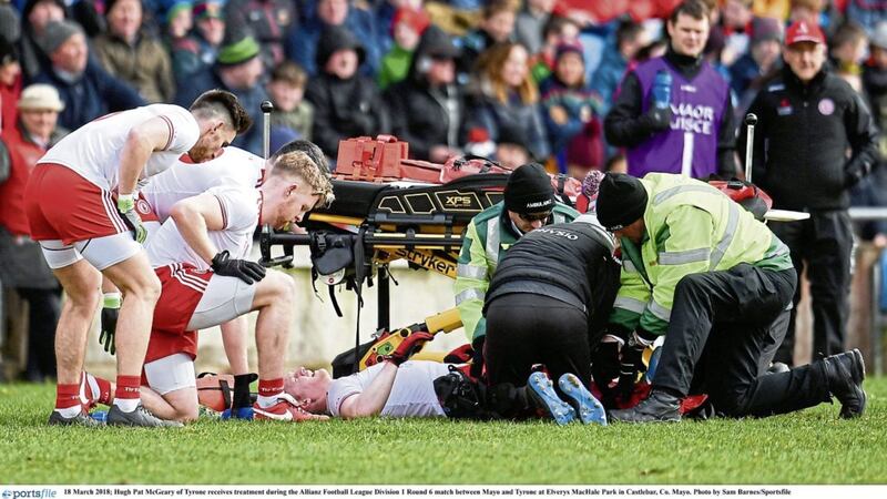 Hugh Pat McGeary of Tyrone receives treatment prior to being stretched off following a heavy tackle from Mayo&rsquo;s Colm Boyle during the Allianz Football League Division One clash with Mayo last weekend Picture by Sportsfile 