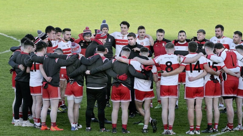 Stewartstown Harps huddle as joint manager Blake Smyth speaks following their win over Letterkenny Gaels in the Ulster Club Junior Football Championship semi-final at Owenbeg Picture: Margaret McLaughlin. 