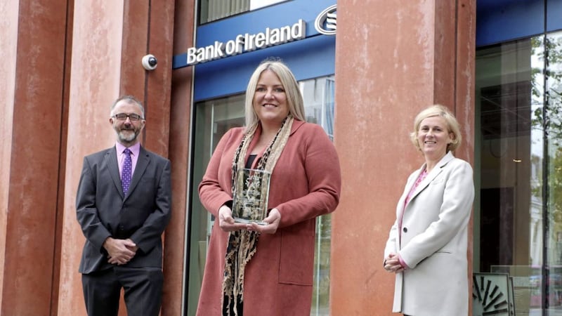 Pictured accepting the award for best employer for equality &amp; diversity (250+ employees) is Kerry Hinks, senior HR business partner at Bank of Ireland UK. Included are Barry Phillips from Legal Island and Judith Hearty, the bank&#39;s finance business partner and chair of its Northern Ireland inclusion and diversity working group. Picture: Kelvin Boyes/PressEye 