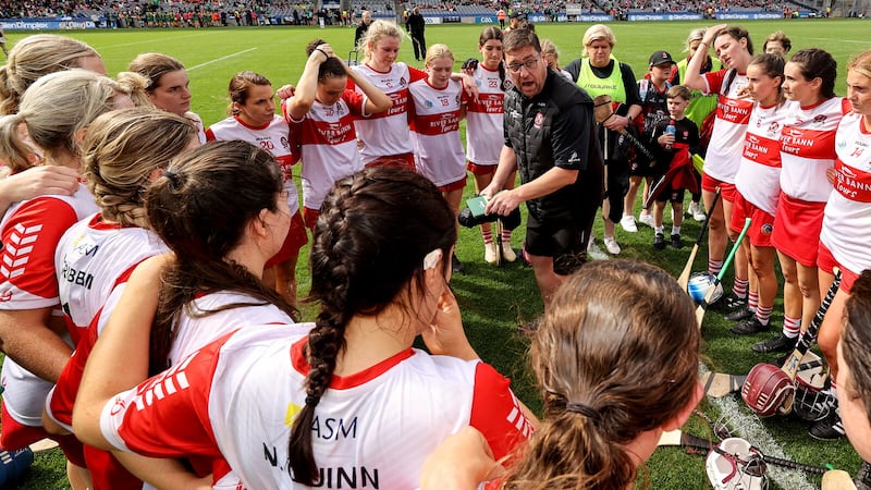 Derry boss PJ O'Mullan addresses the Derry camogs at Croke Park after Sunday's All-Ireland intermediate final draw with Meath