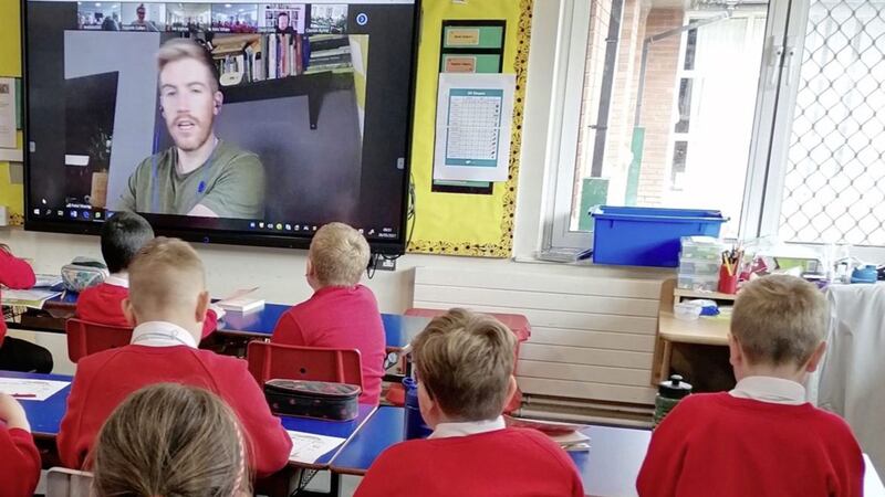 Children from Bridge Integrated PS enjoy a Zoom session with Peter Murray from Into Film 