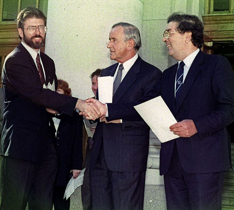 Gerry Adams, John.Hume and Albert Reynolds historic meeting in Dublin in September 1994 - Sir Patrick Mayhew said the republican leadership had `intentionally built bridges with the Irish and American governments and the SDLP&#39; 