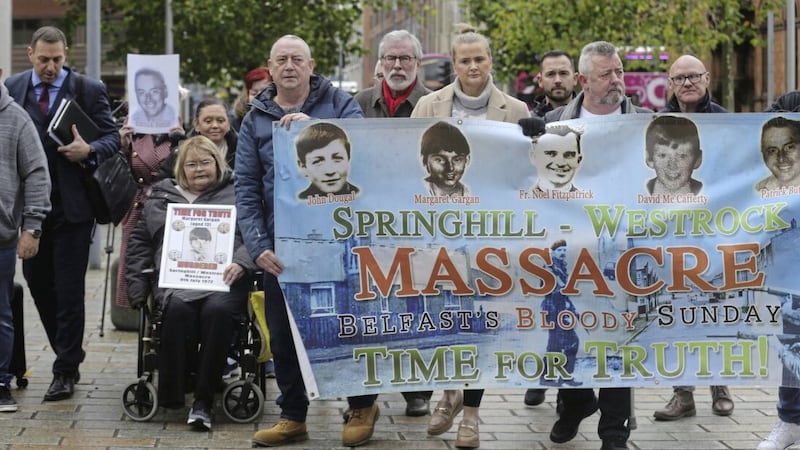 The Springhill/Westrock massacre families at a preliminary hearing into the high profile Springhill Inquests examining the deaths of five civilians. Picture by Hugh Russell. 