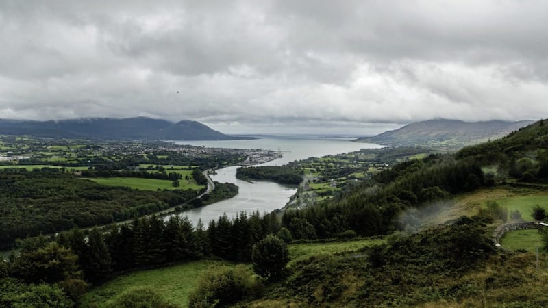 Narrow Water Point and Warrenpoint Port seen from from Flagstaff Viewpoint on the hills outside Newry where the Newry River flows out to Carlingford Lough 