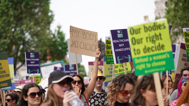 Campaigners in Westminster after taking part in a march from the Royal Courts of Justice calling for decriminalisation of abortion after Foster’s sentencing (Yui Mok/PA)
