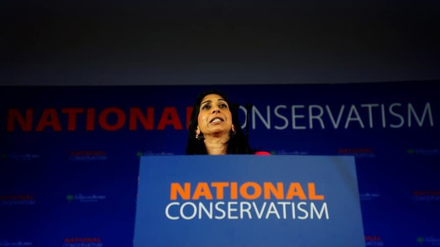 Home Secretary Suella Braverman speaking during the National Conservatism Conference at the Emmanuel Centre, central London. (Victoria Jones/PA)