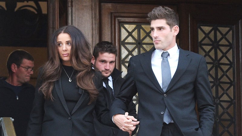 &nbsp;Footballer Ched Evans and partner Natasha Massey outside Cardiff Crown Court. Photo by Ben Birchall, Press Association