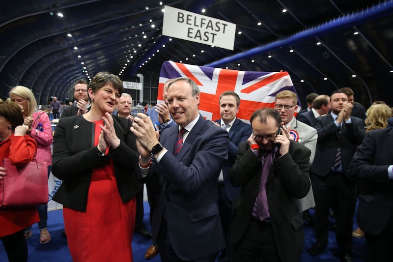 DUP leader Arlene Foster and deputy leader Nigel Dodds cheer as Emma Little Pengelly is elected to the South Belfast. Picture from Niall Carson/PA Wire.&nbsp;