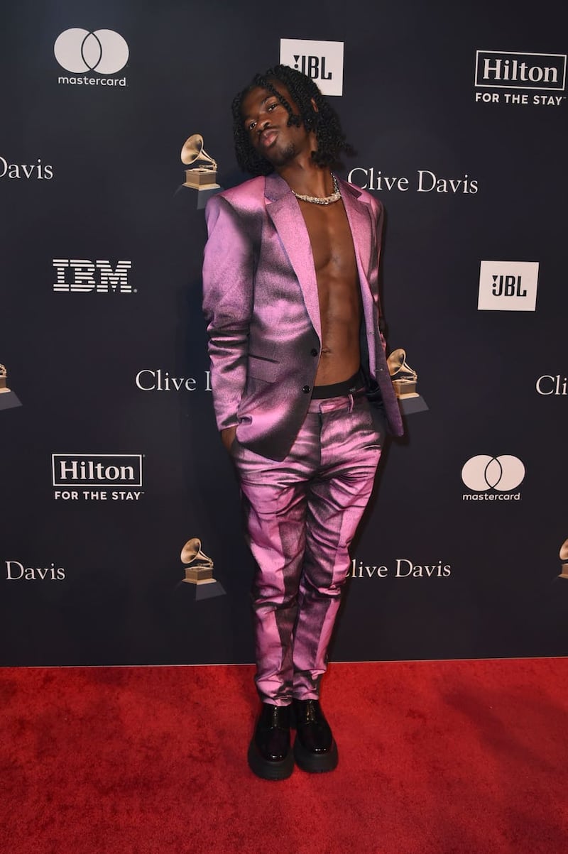 Lil Nas X at the pre-Grammy gala at the Beverly Hilton hotel in Beverly Hills, California 