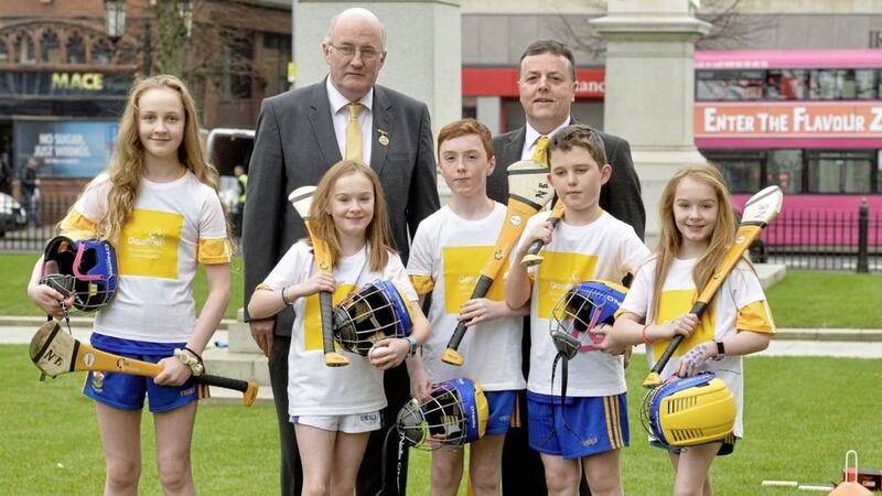 GAA President John Horan and Antrim chairman Collie Donnelly with the pupils of St Bride&#39;s at last week&#39;s Gaelfast launch at Belfast&#39;s City Hall. The challenge is to increase participation rates in Gaelic Games among primary school children 