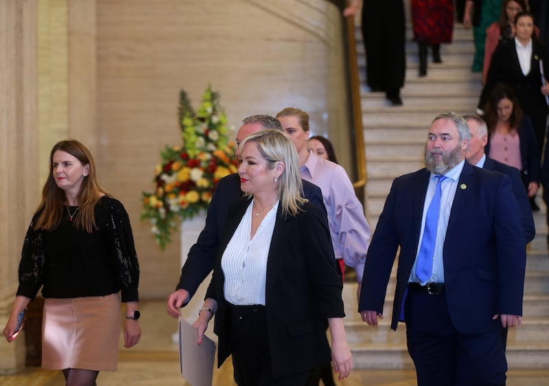 Sinn Féin deputy leader Michelle O'Neill pictured with her party's MLAs at Stormont today. Picture by Mal McCann