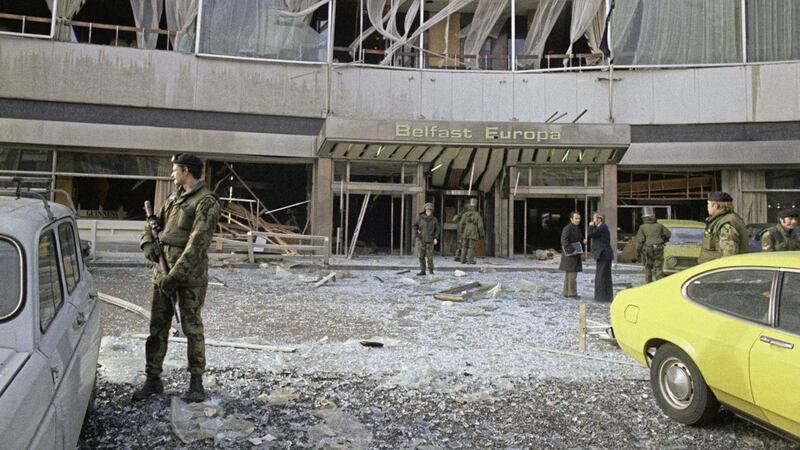 The aftermath of an IRA bomb at the Europa in 1977. Picture by AP/Shutterstock 