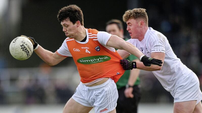 James Morgan in action against Jimmy Hyland of Kildare at St Conleth&#39;s Park in Newbridge 