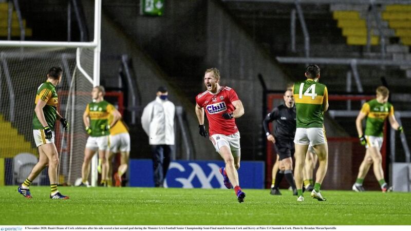 Ruairi Deane of Cork celebrates after his side scored a last second goal during the Munster GAA Football Senior Championship Semi-Final match between Cork and Kerry at P&aacute;irc U&iacute; Chaoimh in Cork. Photo by Brendan Moran/Sportsfile 