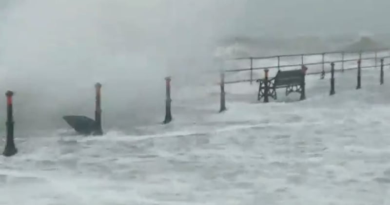 &nbsp;Waves in Whitehead, County Antrim, as Storm Brendan sweeps across Ireland and the UK with winds gusting up to 80mph. Photo taken with permission from the Twitter feed of @seasugarsweets