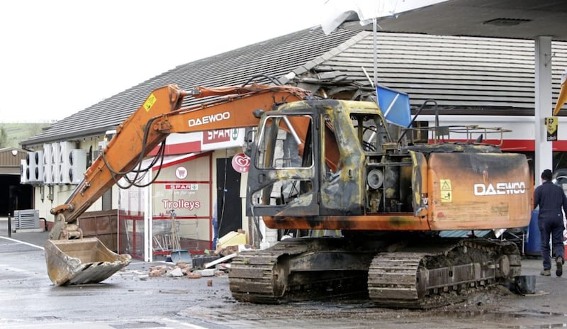 An ATM machine was removed by a digger at a filling station on the Dromore Road, Irvinestown on March 23. Picture by Ann McManus. 