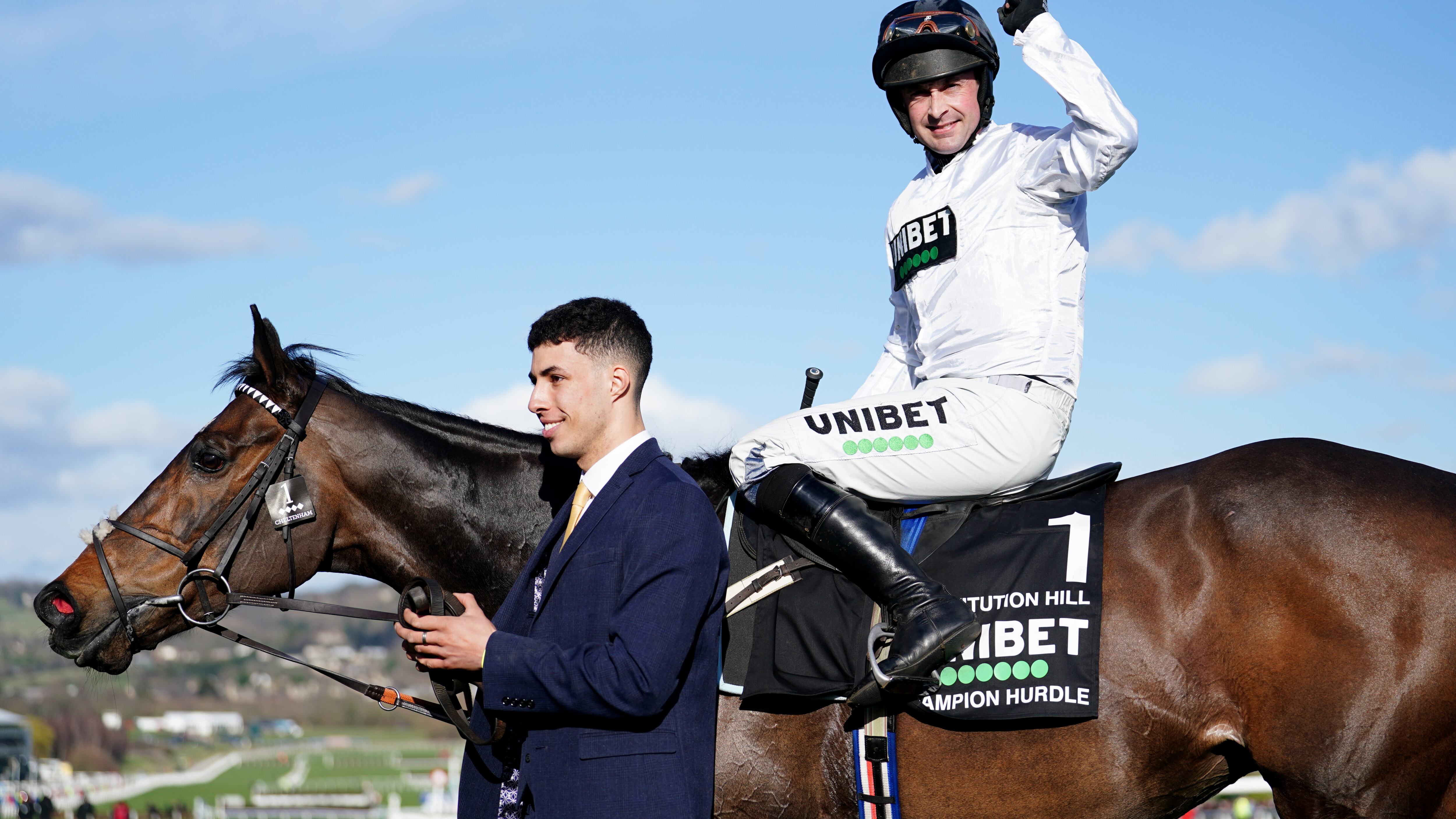 Nico de Boinville celebrates on board Constitution Hill after victory in the Unibet Champion Hurdle at Cheltenham on Tuesday