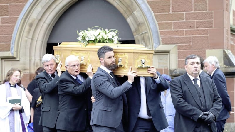 The funeral of Sir Anthony Hart in east Belfast yesterday. Picture by Cliff Donaldson. 