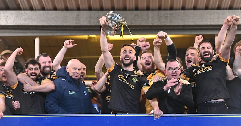 Saturday 25th October 2025
Erne Gaels Captain Ryan Lyons celebrates with the New York cup after victory against  Derrygonnelly Harps during the Fermanagh Senior Football  Championship final  replayat Brewester Park, Enniskillen, Co Fermanagh. 
Picture Oliver McVeigh