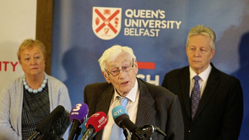 Seamus Mallon, former Women&#39;s Coalition leader Monica McWilliams and Peter Robinson were among those at Queens University to mark the 20th anniversary of the Good Friday Agreement. Picture by Mal McCann 