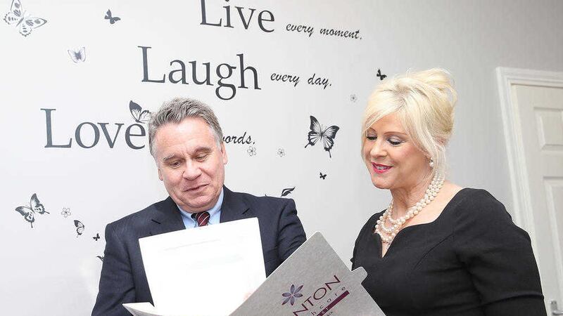 Bernadette Smyth of Precious Life with US Congressman Chris Smith at Stanton health care Belfast. Picture by Hugh Russell