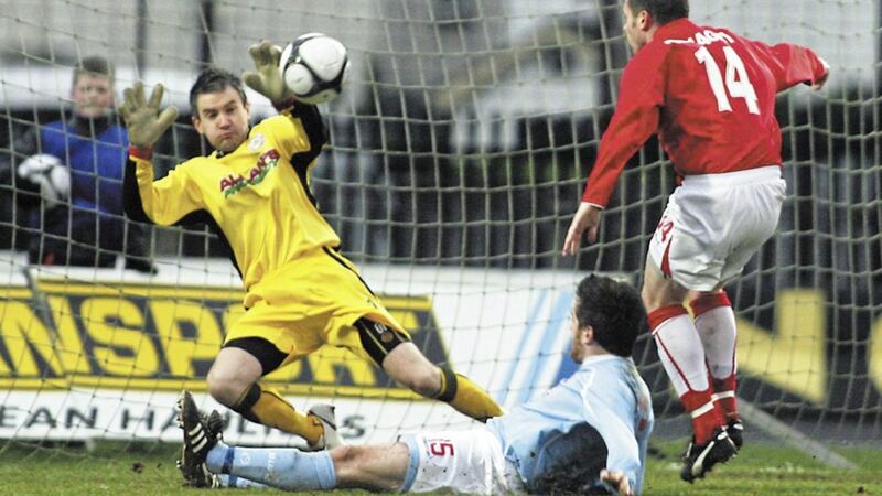 John Connolly in action for Cliftonville. Ten years ago he played in the Irish Cup final for the Reds. Today, he plays in another one for Ballinamallard United 