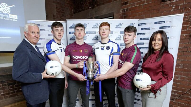 Aisling Press, Head of Branch Banking at Danske Bank and Jimmy Smith, Chairman of the Ulster Schools GAA pictured with Ois&iacute;n McWilliams (St Patrick&rsquo;s, Maghera), Tiernan Kelly (St Ronan&rsquo;s, Lurgan), Jude McAtamney (Maghera) and Jamie Haughey (Lurgan), who will compete in this morning&#39;s MacCormack Cup final.?Photo by Kelvin Boyes / Press Eye  
