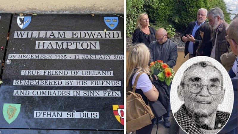 William Hampton&#39;s headstone in Hannahstown Cemetery, and right, Sinn F&eacute;in&#39;s Gerry Adams and other republicans attending a ceremony at the party donor&#39;s graveside 
