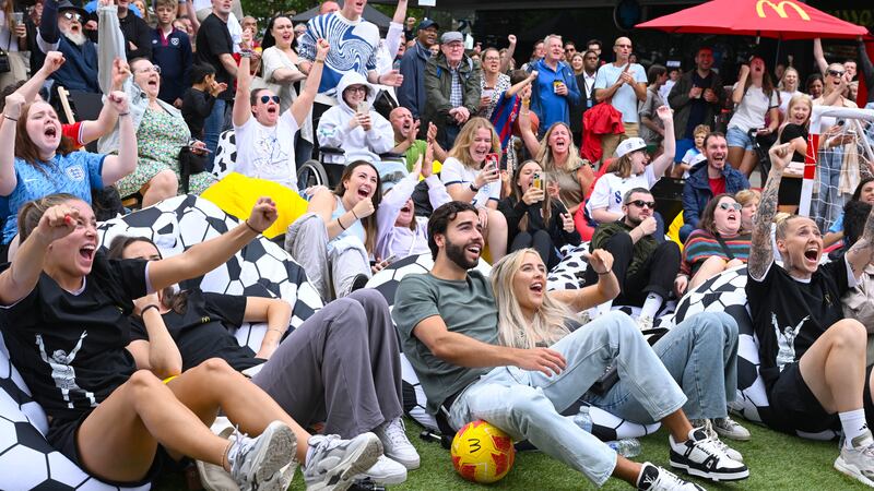 Love Island winners Jess Harding and Sammy Root were among the fans cheering on England against Colombia at a screening in St Albans (Jeff Spicer/PA)