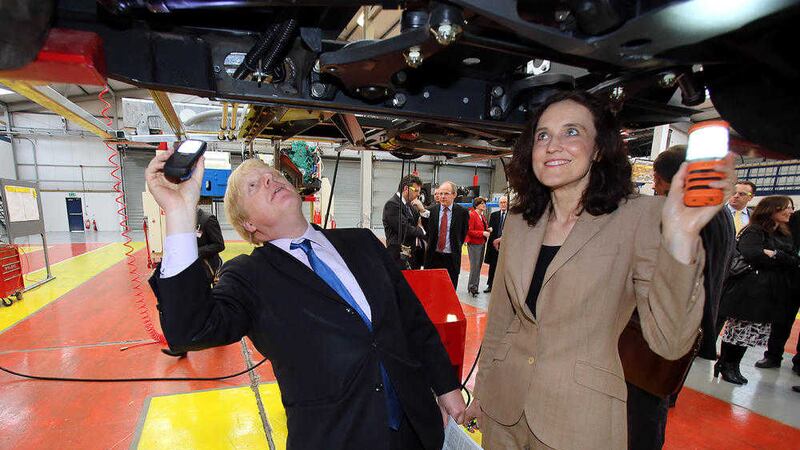 Brexit campaigners Boris Johnson and Theresa Villiers pictured during a tour of Wrightbus factories in Ballymena and Antrim. Picture by Paul Faith/PA Wire 
