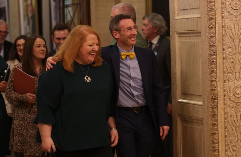 Justice Minister Naomi Long and Minister of Agriculture, Environment and Rural Affairs Andrew Muir  , as Northern Ireland's devolved government is restored, Two years to the day since it collapsed. PICTURE:  COLM LENAGHAN
