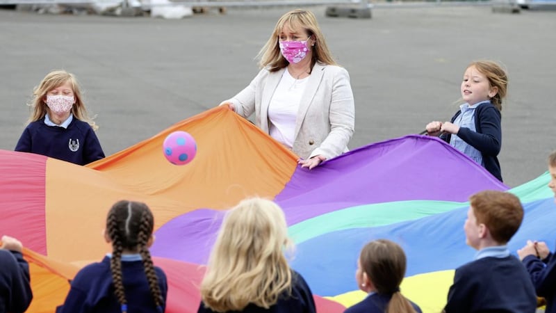 DUP Education Minister Michelle McIlveen visiting Ballysillan Primary School on her first official engagement, to present the Derrytrasna Pastoral Care Award. Picture by Mal McCann 